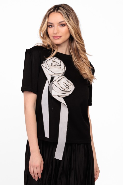 Tricou din bumbac cu flori din organza 
