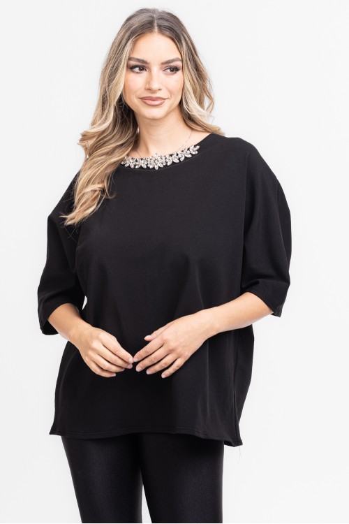 Tricou din bumbac negru cu accesoriu din pietricele