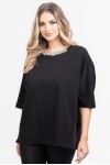 Tricou din bumbac negru cu accesoriu din pietricele