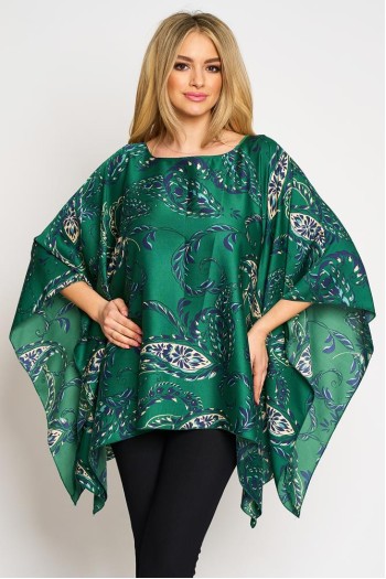 Bluza cu maneca clopot din satin verde imprimat