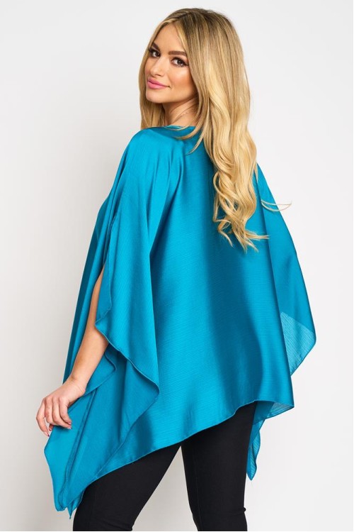 Bluza cu maneca clopot decupata, din voal peliculizat albastru sky