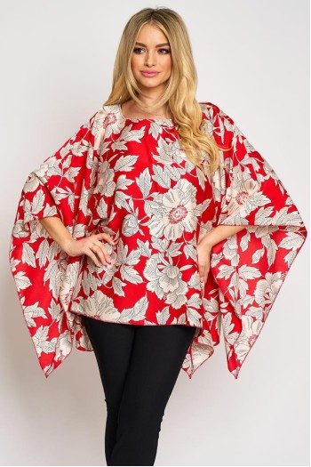Bluza cu maneca clopot din satin imprimat, flori albe pe fond rosu