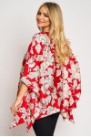 Bluza cu maneca clopot din satin imprimat, flori albe pe fond rosu