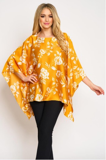 Bluza cu maneca clopot din satin imprimat, flori albe pe fond galben