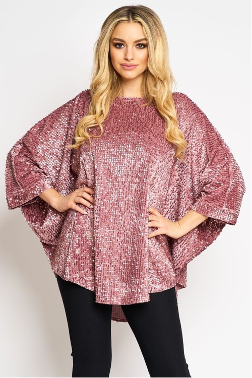 Bluza cu manseta din catifea roz cu paiete