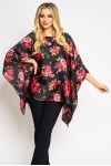 Bluza cu maneca clopot din satin negru cu trandafiri rosii