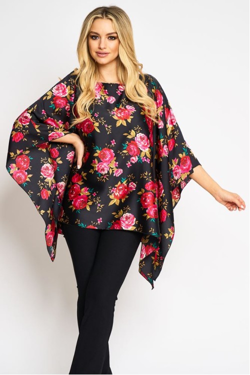 Bluza cu maneca clopot din satin negru cu trandafiri rosii