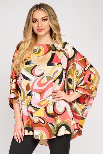 Bluza cu manseta din satin, imprimeu abstract