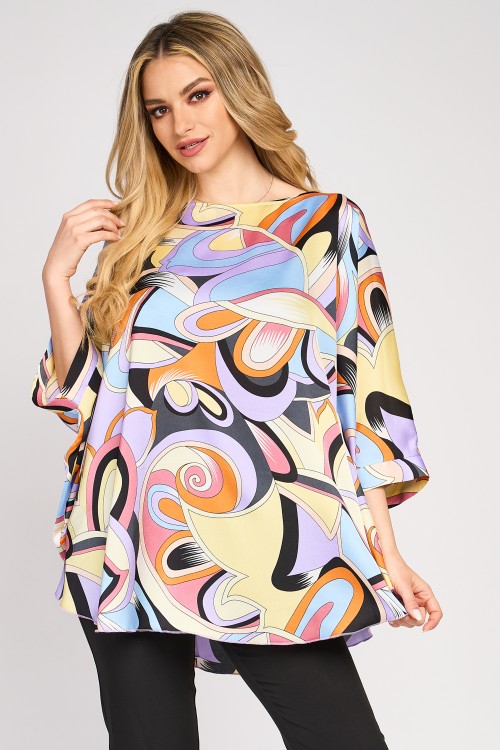 Bluza cu manseta din satin, imprimeu abstract pastel