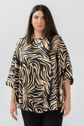 Bluza cu manseta din satin animal print bej 
