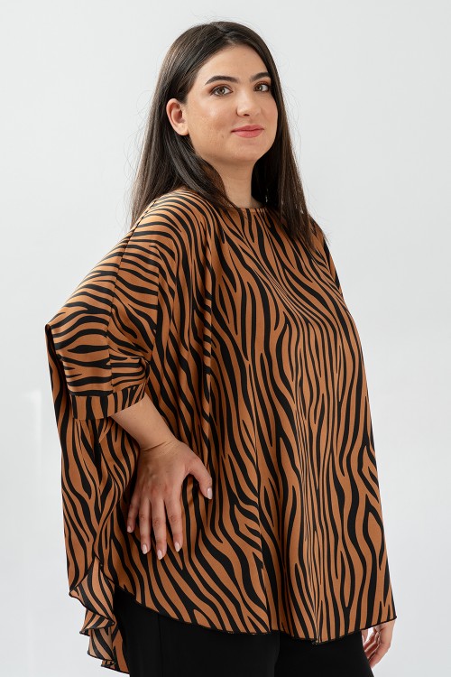 Bluza cu manseta din satin animal print maro