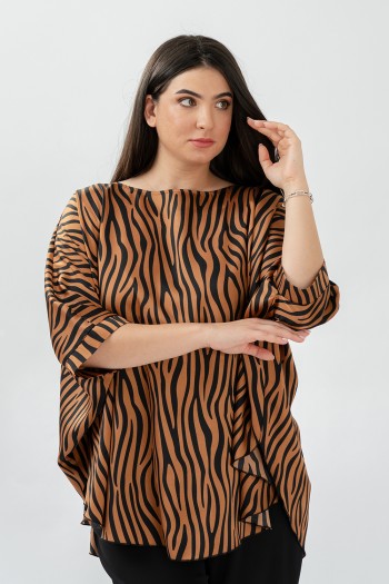 Bluza cu manseta din satin animal print maro