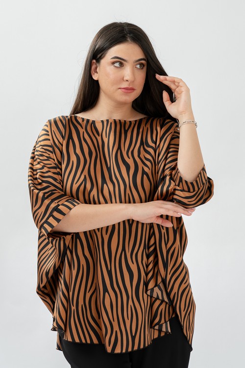 Bluza cu manseta din satin animal print maro