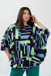 Bluza cu manseta din satin imprimeu cu patratele 