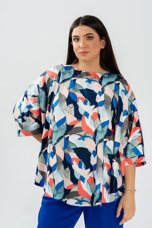 Bluza cu manseta din satin in tonuri de albastru