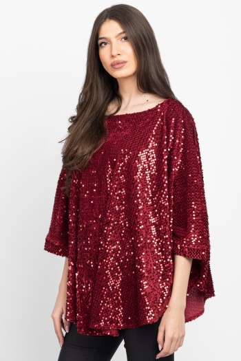 Bluza cu manseta din catifea rosie cu paiete 