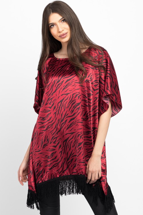 Bluza din satin cu franjuri animal print rosu 
