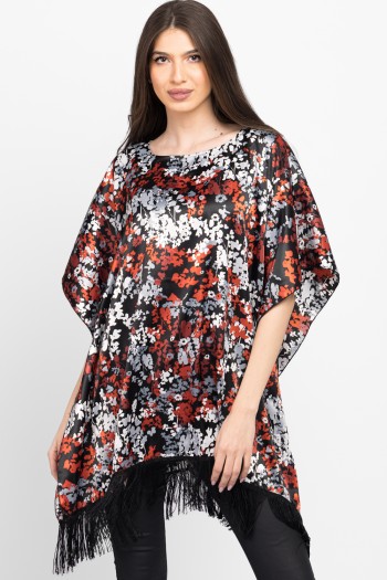 Bluza din satin cu franjuri imprimeu cu flori mici 