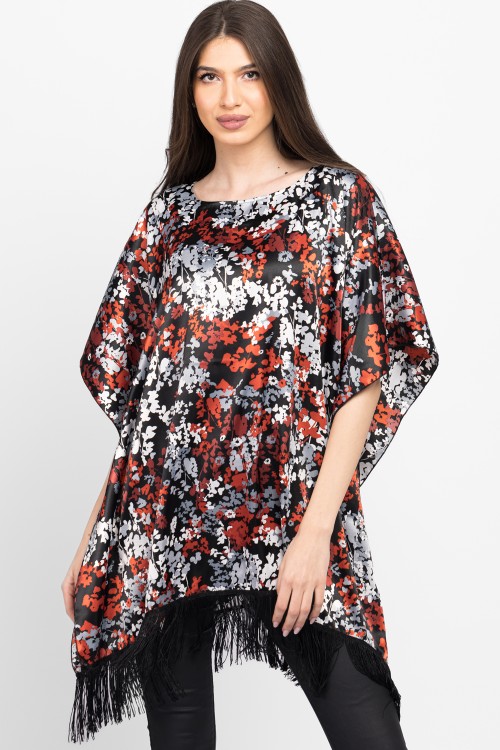 Bluza din satin cu franjuri imprimeu cu flori mici 