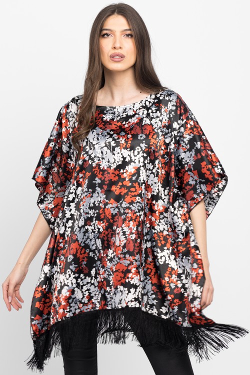 Bluza din satin cu franjuri imprimeu cu flori mici 