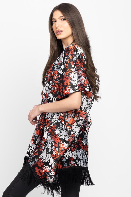 Bluza din satin cu franjuri imprimeu cu flori mici 