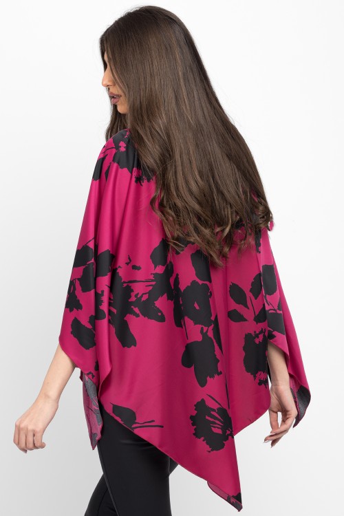 Bluza romb din satin magenta cu flori negre 