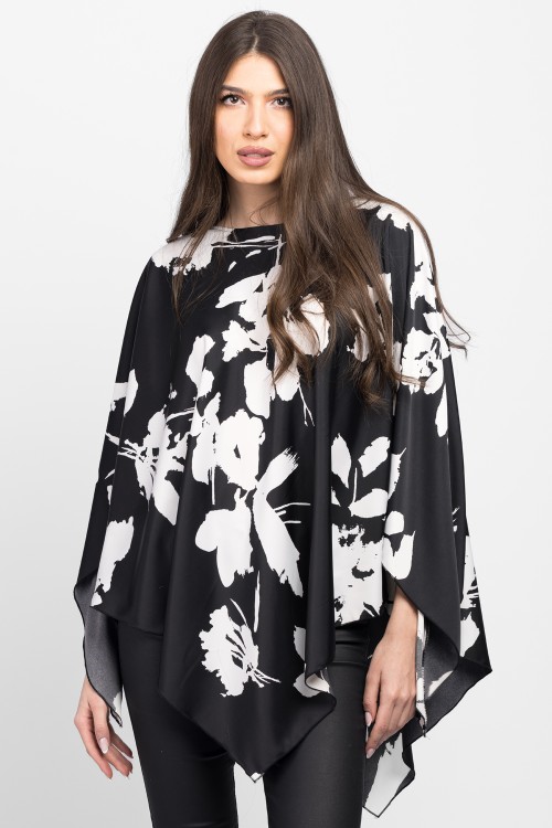 Bluza romb din satin negru cu flori albe