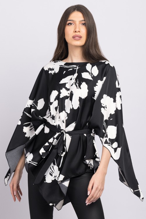 Bluza romb din satin negru cu flori albe