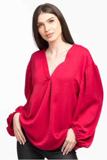 Bluza rosu zmeura din satin cu maneci ample 