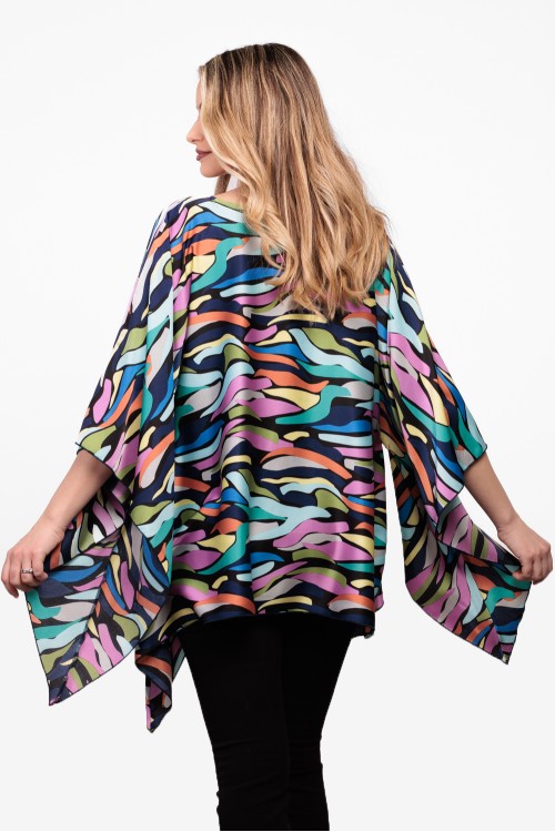 Bluza din satin multicolor cu maneca clopot 