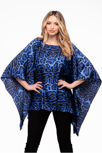 Bluza din satin animal print albastru cu maneca clopot 