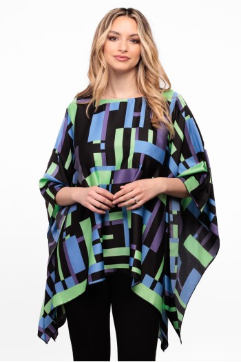 Bluza din satin imprimeu cu patratele si maneca clopot