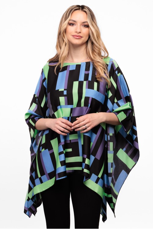 Bluza din satin imprimeu cu patratele si maneca clopot