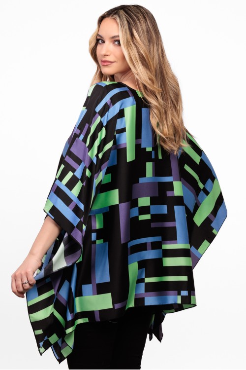 Bluza din satin imprimeu cu patratele si maneca clopot