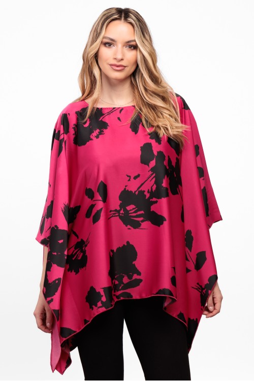 Bluza cu maneca clopot din satin magenta cu flori negre