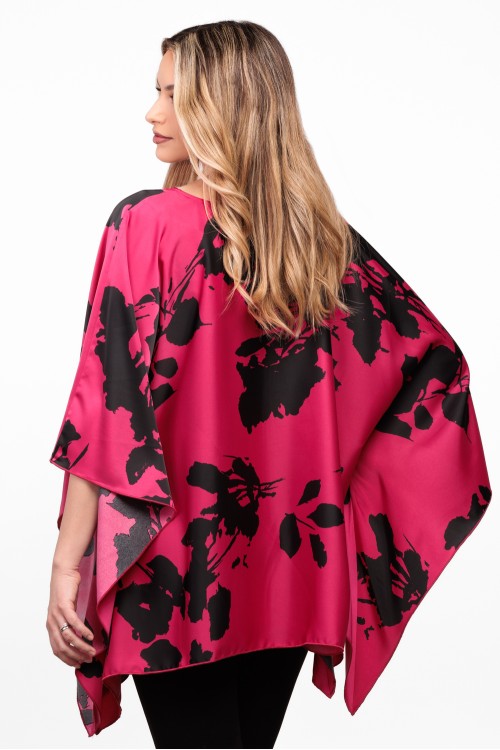 Bluza cu maneca clopot din satin magenta cu flori negre