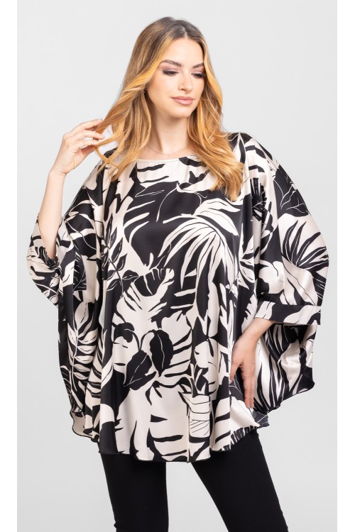 Bluza cu manseta din satin jungle alb-negru