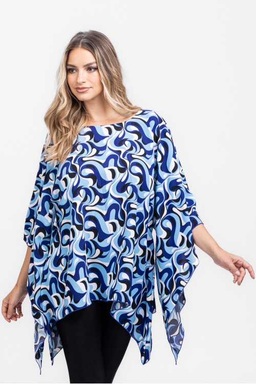 Bluza cu maneca clopot din satin imprimeu abstract albastru 
