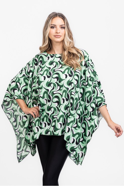 Bluza cu maneca clopot din satin imprimeu abstract verde