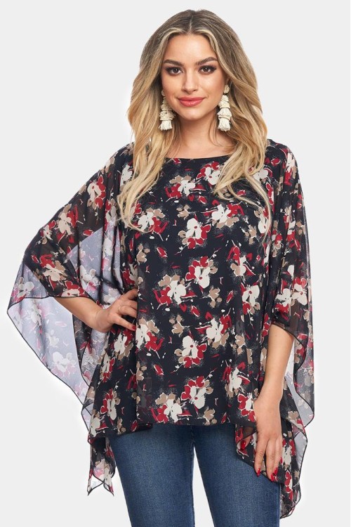 Bluza cu maneca clopot din voal, imprimeu delicat cu maci