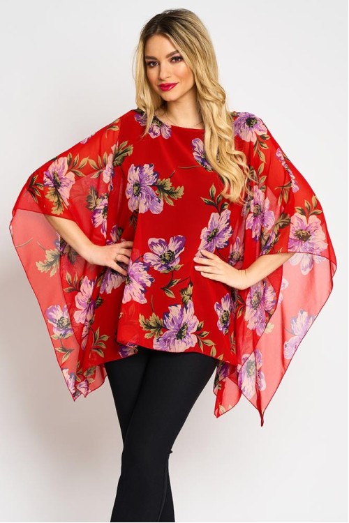 Bluza cu maneca clopot din voal cu flori mari
