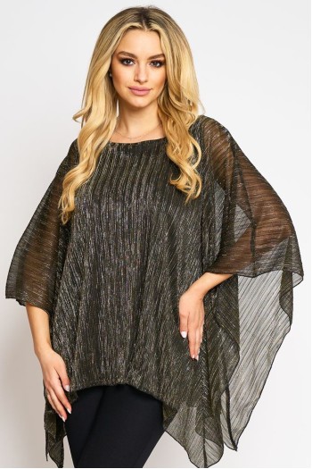 Bluza cu maneca clopot din voal negru creponat si fir auriu