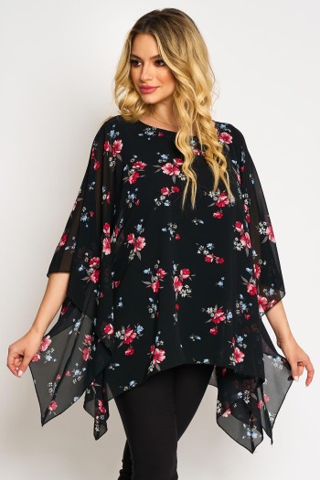 Bluza cu maneca clopot din voal, imprimeu cu flori pe fond negru