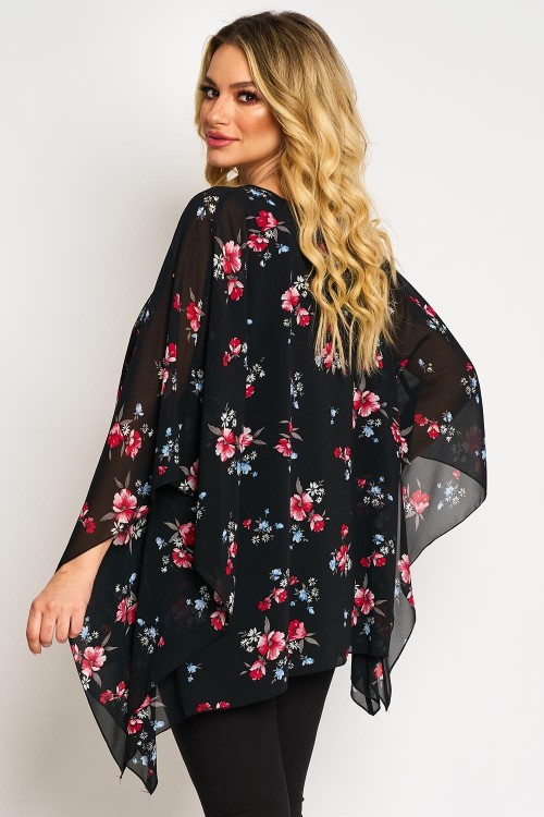 Bluza cu maneca clopot din voal, imprimeu cu flori pe fond negru
