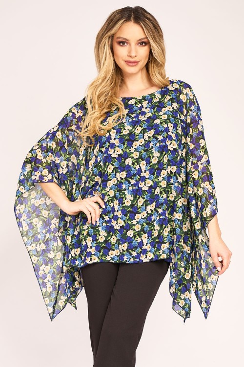 Bluza cu maneca clopot din voal cu imprimeu floral albastru