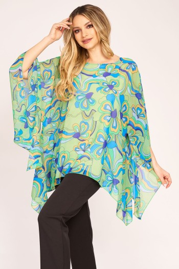 Bluza cu maneca clopot din voal imprimat pe fond verde deschis 