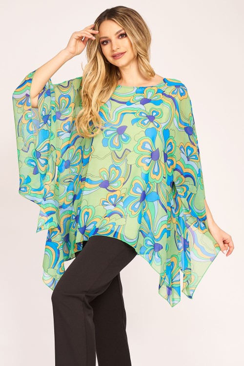 Bluza cu maneca clopot din voal imprimat pe fond verde deschis 
