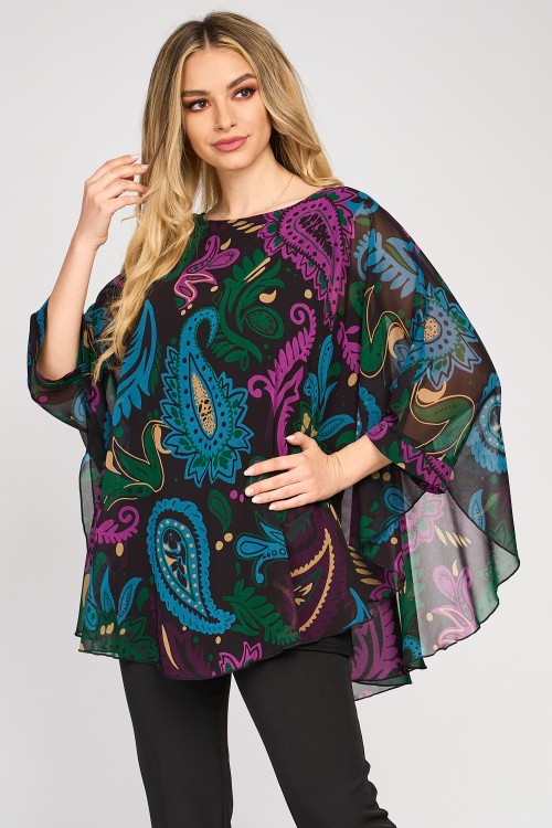 Bluza cu manseta din voal cu imprimeu abstract