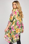 Bluza asimetrica din voal, imprimeu floral roz cu galben