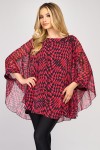 Bluza cu manseta din voal, imprimeu abstract rosu